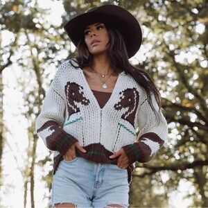 New Knitted Horse Print Cardigan Sweater Western Rodeo Vintage Quilted Coat